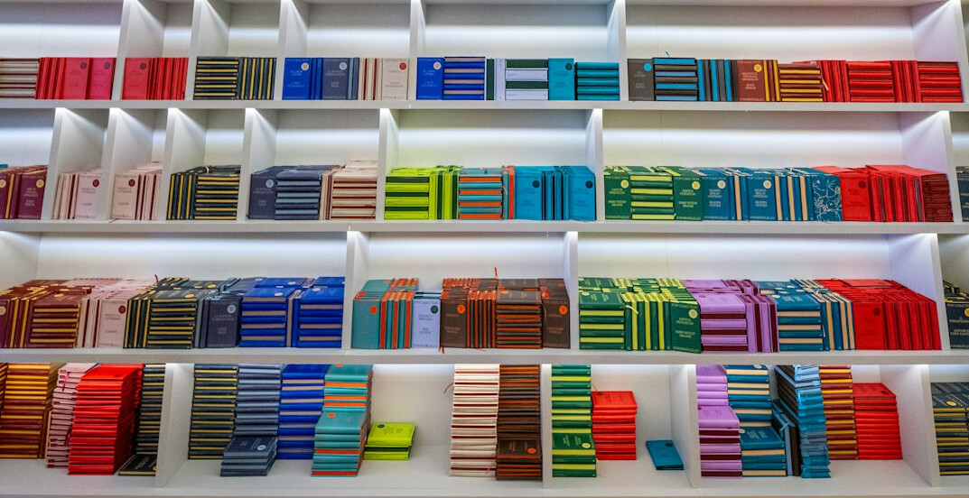 Rows of books on library shelves