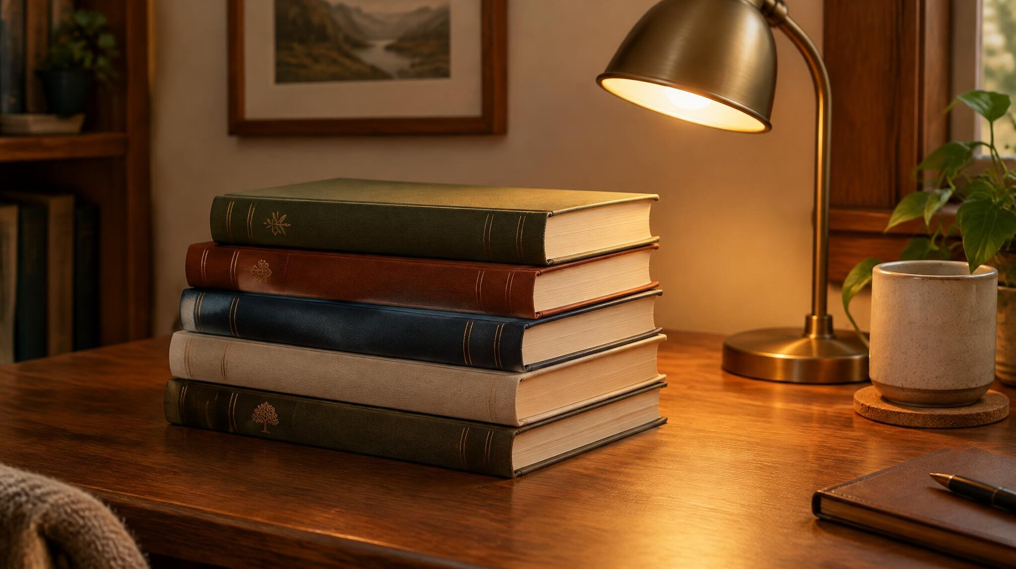 Collection of hardcover books stacked together