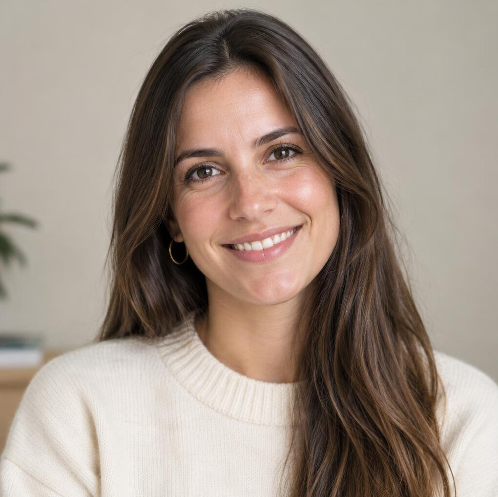 Portrait of a young woman with long brown hair smiling