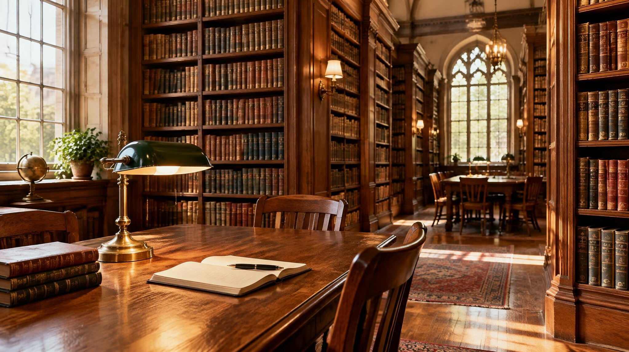 Wide view of a classic library with tall shelves full of books